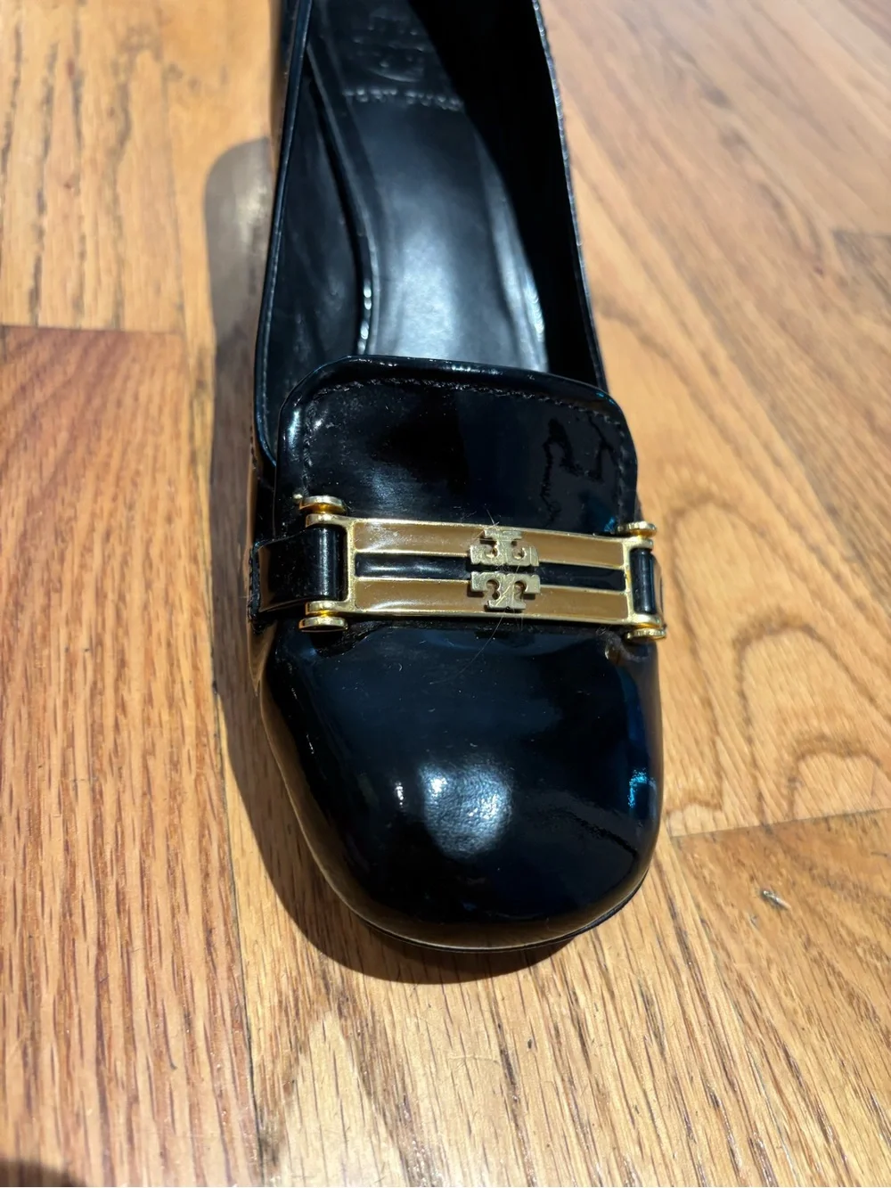 Tory Burch Black Patent Leather Low Block Heel Pumps with Gold buckle